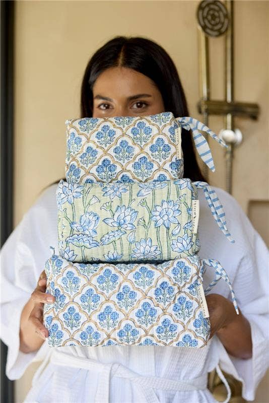 hand block print quilted toiletry bag small trellis indigo organic cotton India