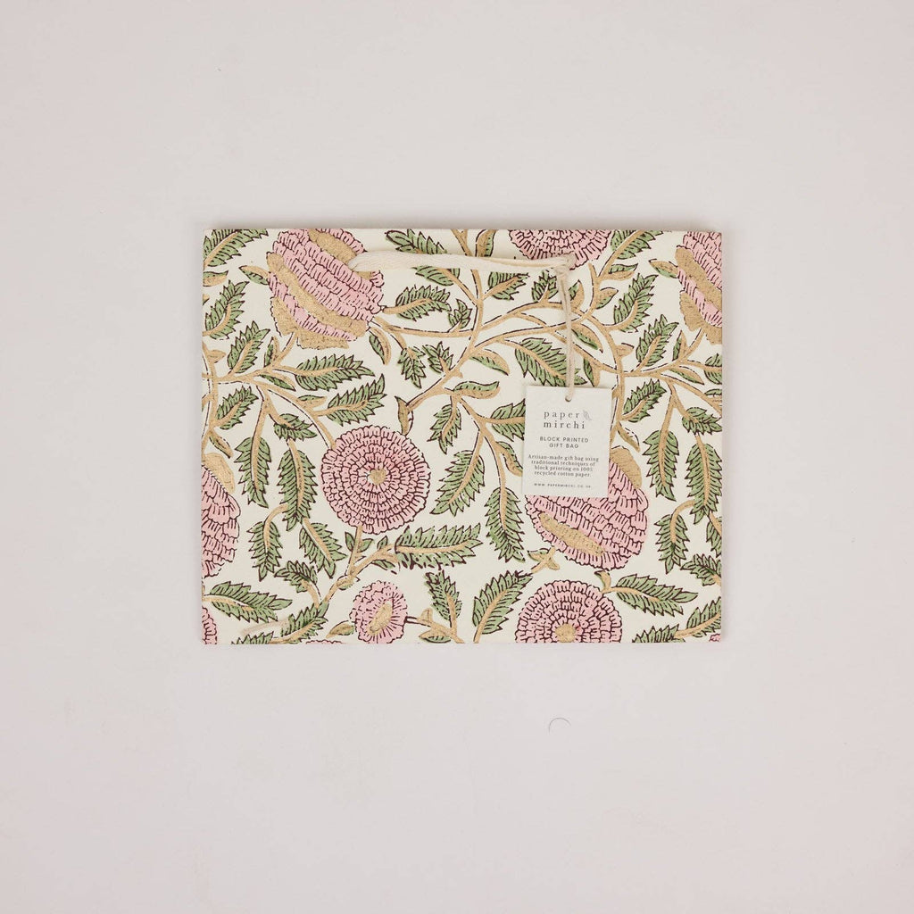 hand block print gift bags medium blush recycled cotton paper Paper Mirchi India