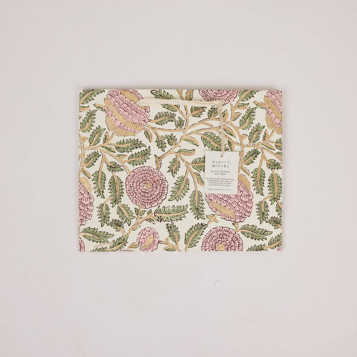 hand block print gift bags medium blush recycled cotton paper Paper Mirchi India