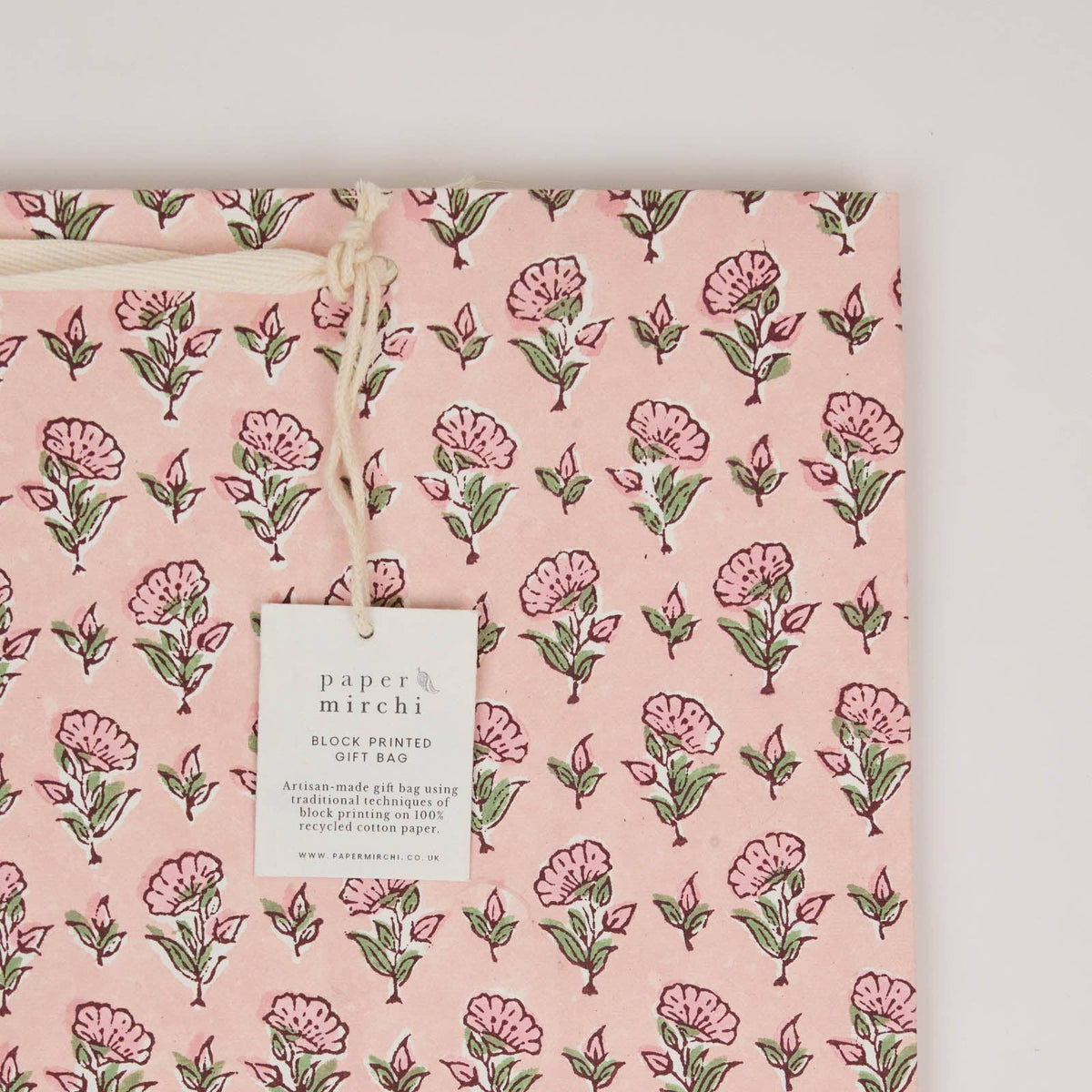 hand block print gift bags medium blush recycled cotton paper Paper Mirchi India