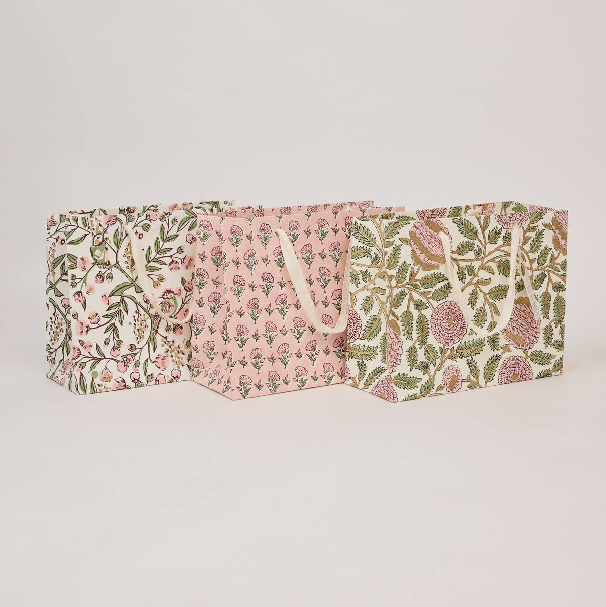 hand block print gift bags medium blush recycled cotton paper Paper Mirchi India