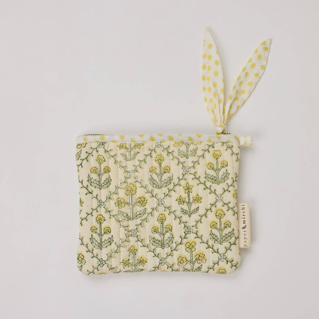 hand block print zipped pouch set organic cotton floral buttercream India Paper Mirchi