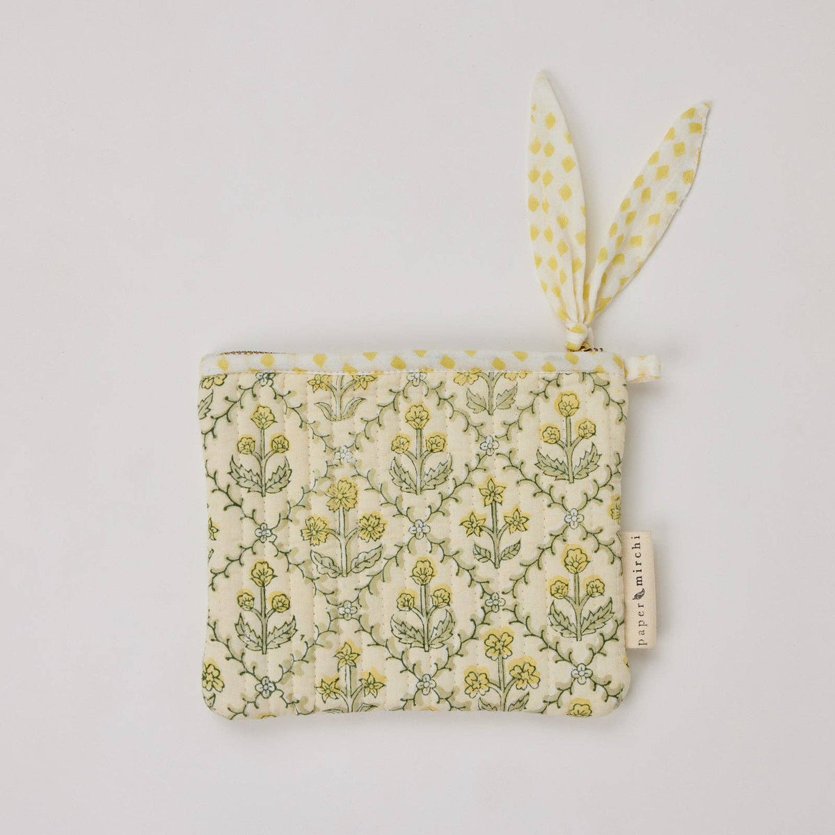 hand block print zipped pouch set organic cotton floral buttercream India Paper Mirchi
