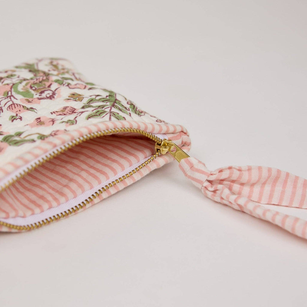 hand block print zipped pouch set organic cotton floral blush India Paper Mirchi
