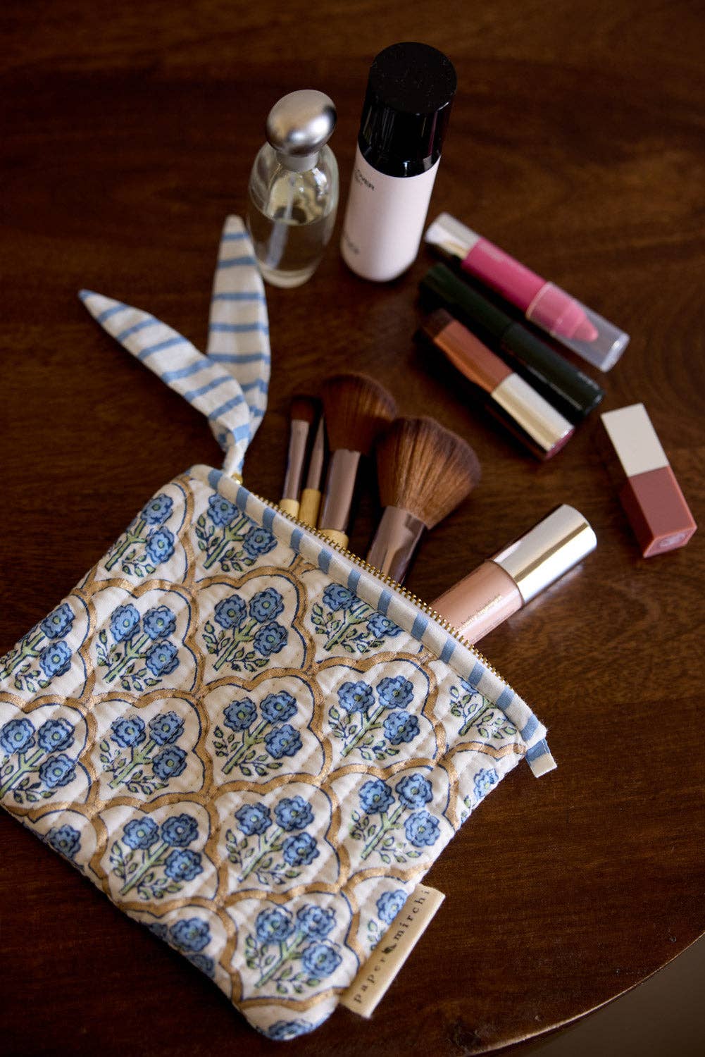 hand block print zipped pouch set organic cotton floral indigo India Paper Mirchi