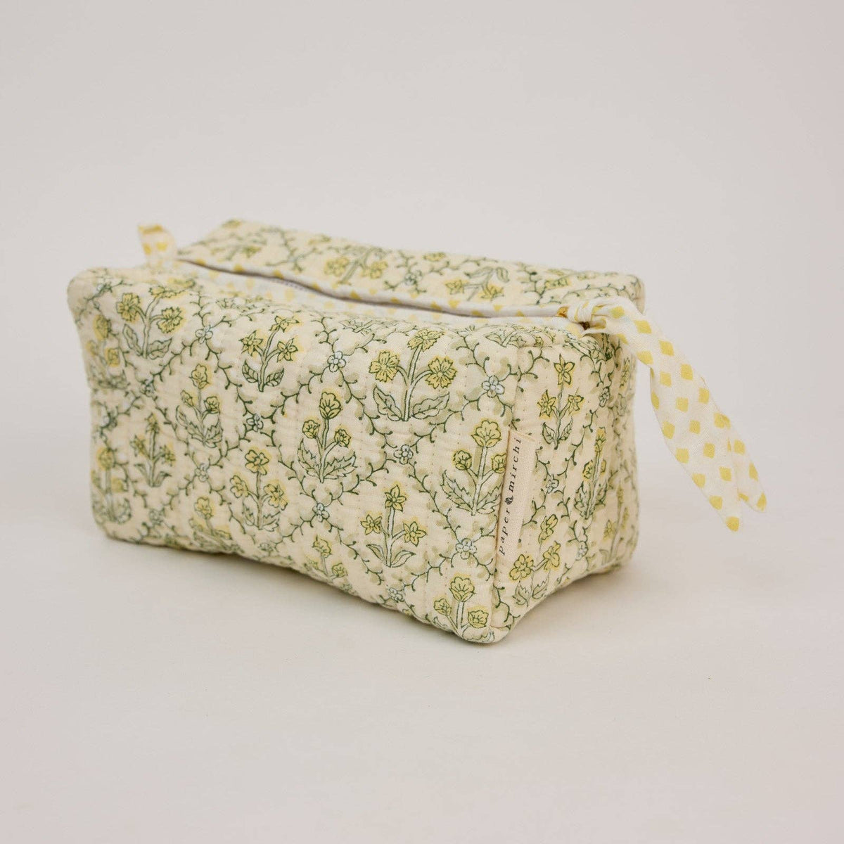 hand block print quilted toiletry bag medium floral lattice buttercream organic cotton