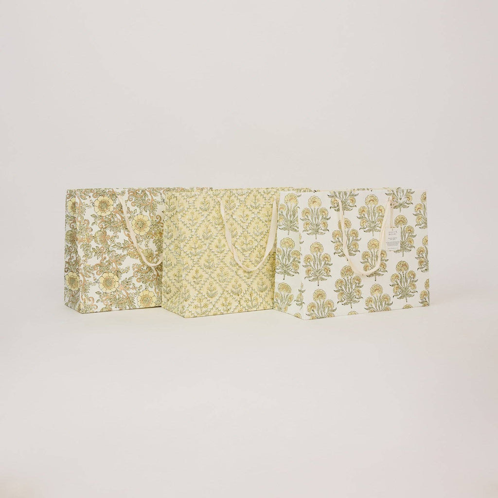 hand block print gift bags large buttercream recycled cotton paper Paper Mirchi India