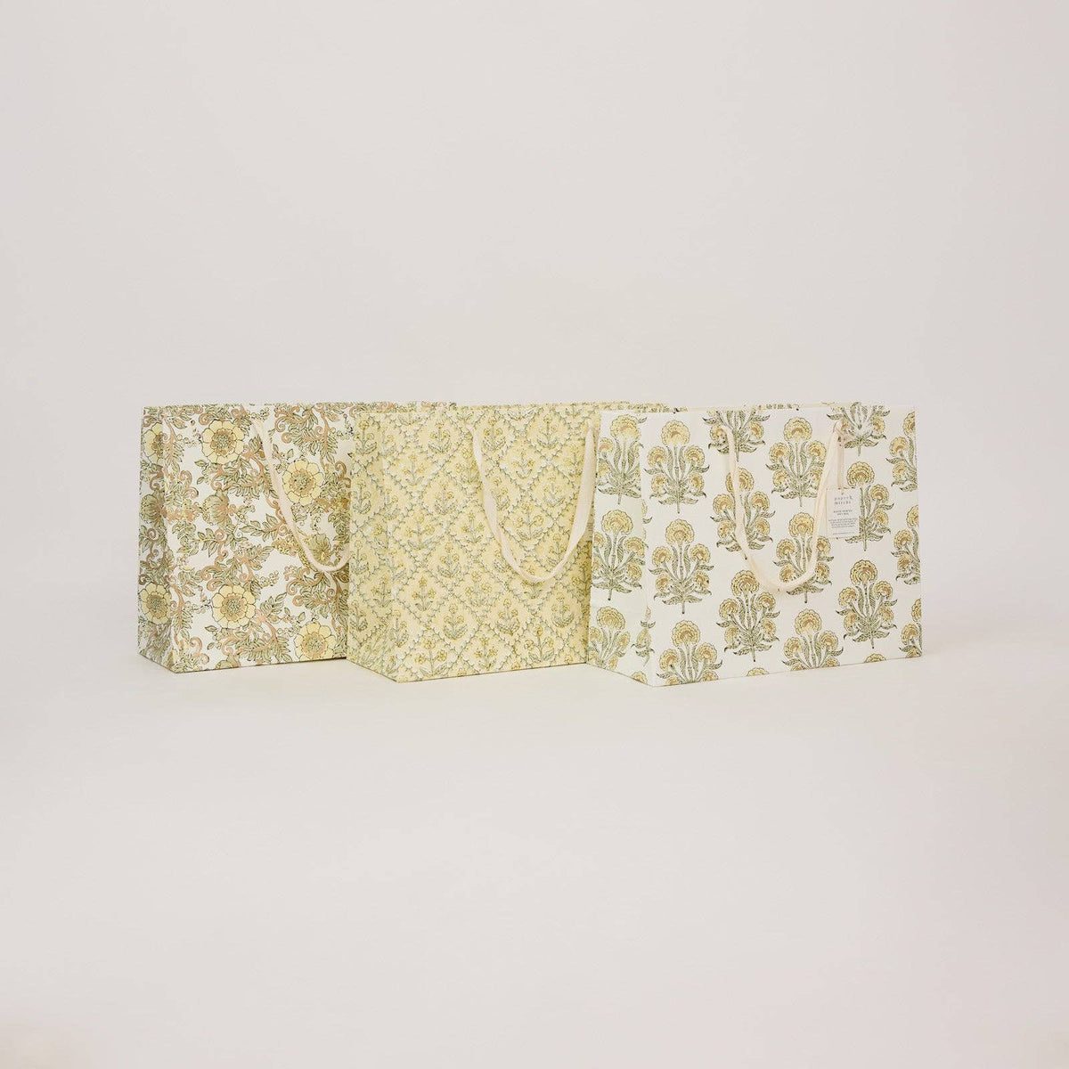 hand block print gift bags large buttercream recycled cotton paper Paper Mirchi India