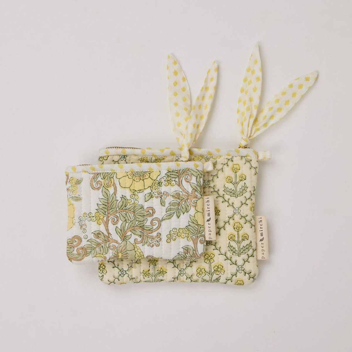 hand block print zipped pouch set organic cotton floral buttercream India Paper Mirchi