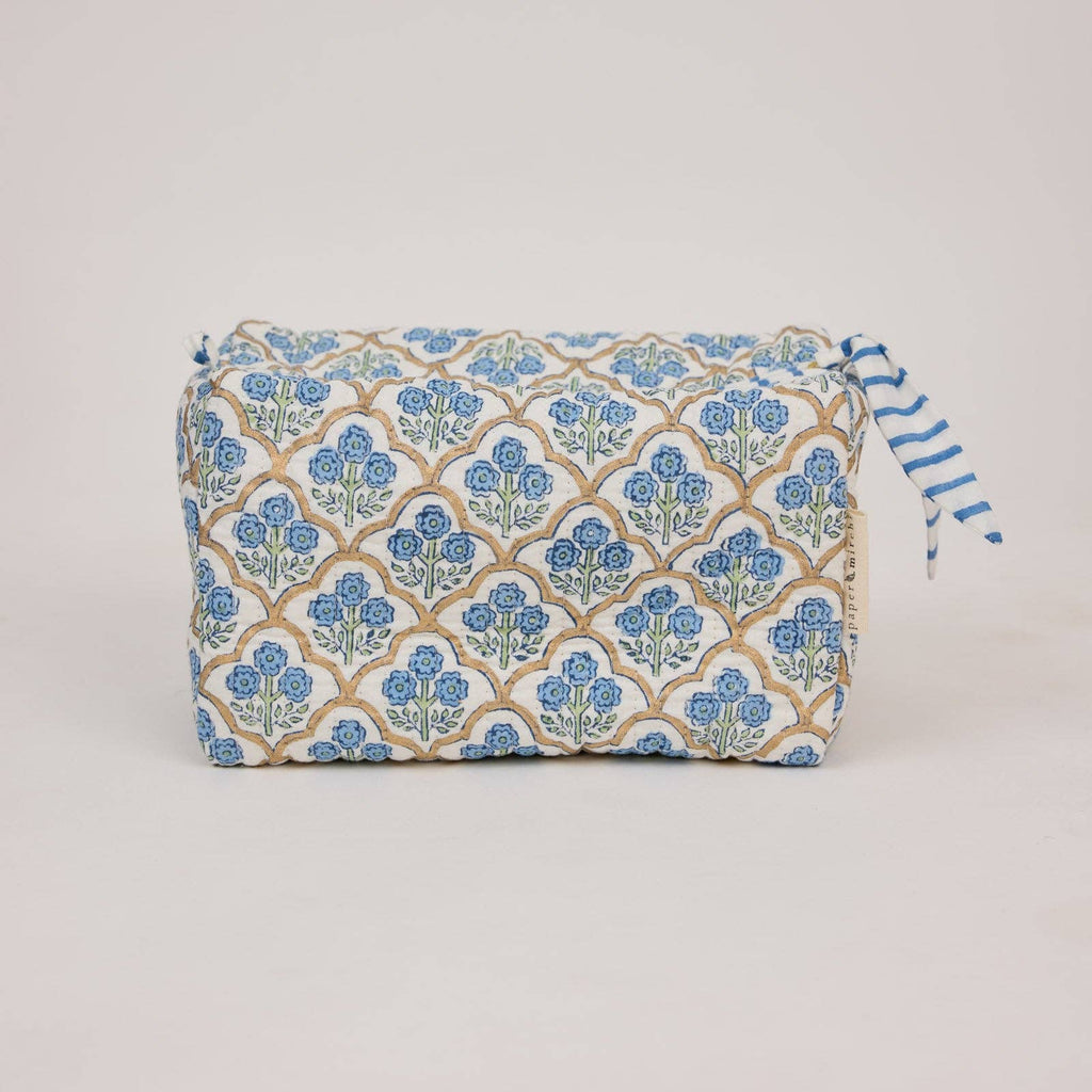 hand block print quilted toiletry bag large trellis indigo organic cotton India