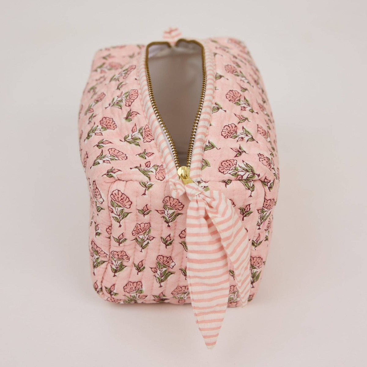 hand block print quilted toiletry bag medium ditsy floral blush organic cotton India