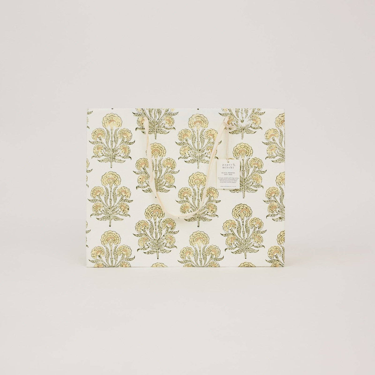 hand block print gift bags large buttercream recycled cotton paper Paper Mirchi India