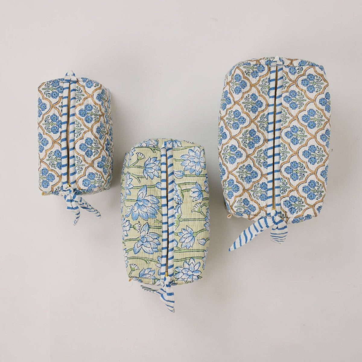 hand block print quilted toiletry bag small trellis indigo organic cotton India