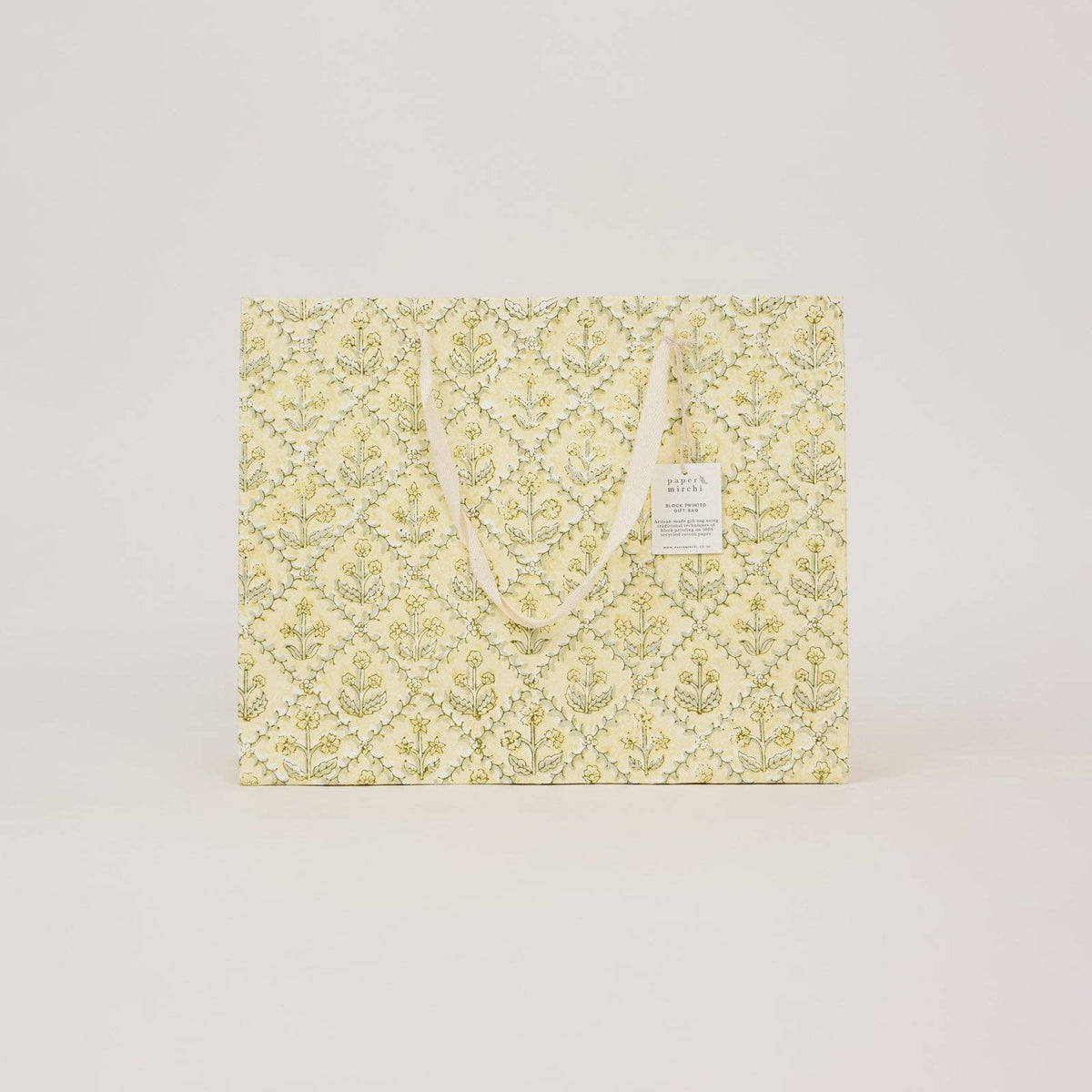 hand block print gift bags large buttercream recycled cotton paper Paper Mirchi India