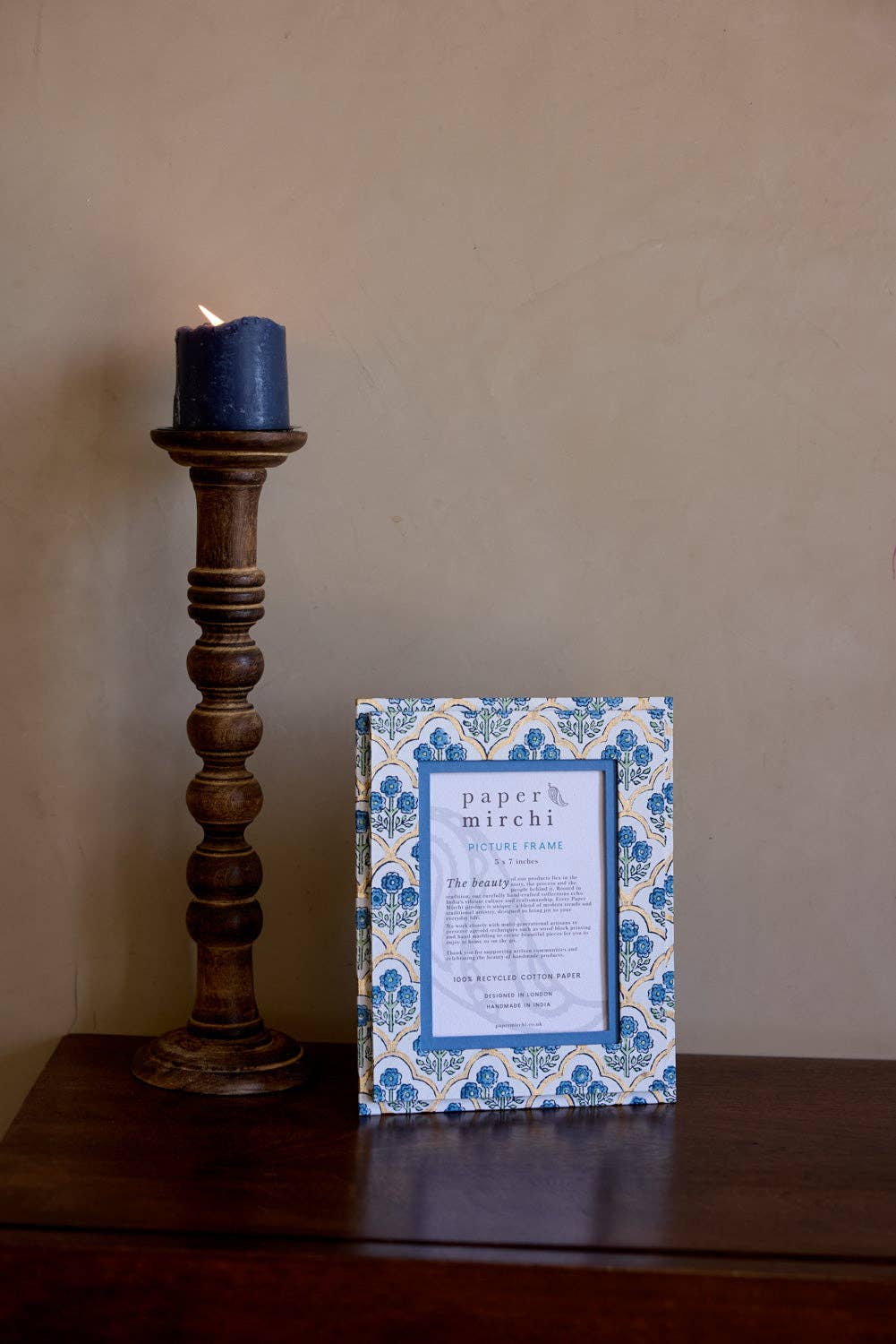 hand block print picture frame 5x7 trellis indigo recycled cotton paper India