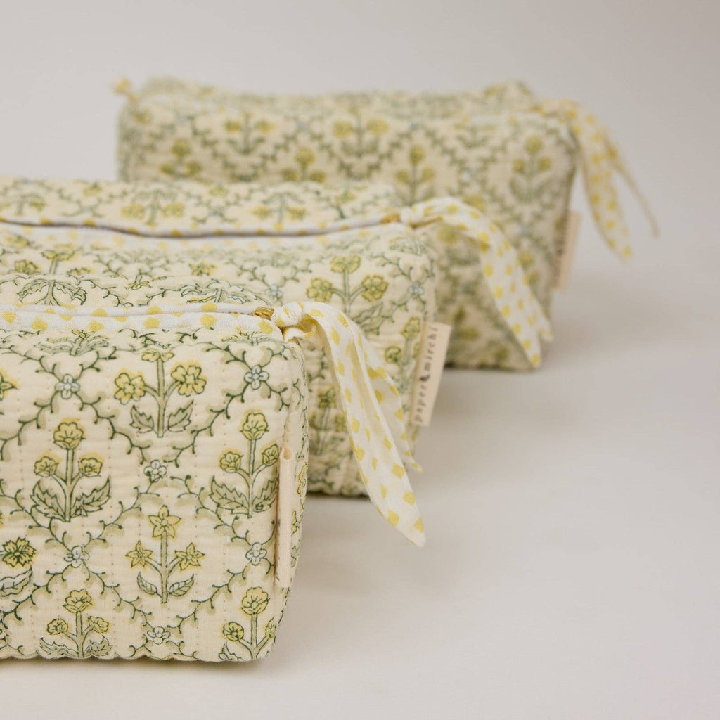 hand block print quilted toiletry bag large floral lattice buttercream organic cotton