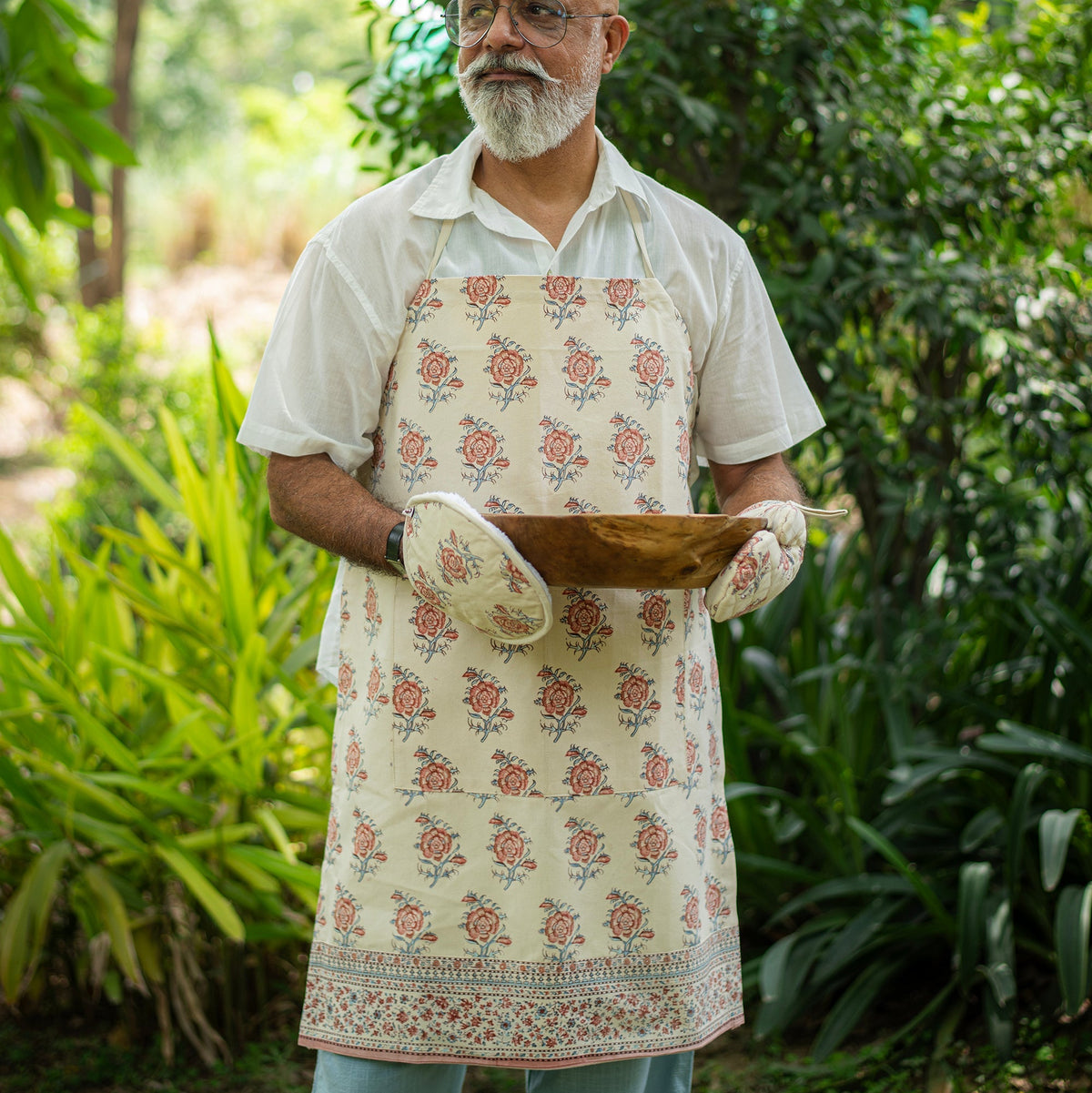 hand block print apron indian rose canvas artisan The Shop India India kitchen