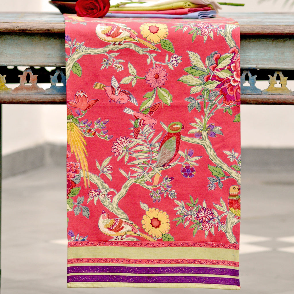 hand block print table runner bird motif coral cotton artisan The Shop India
