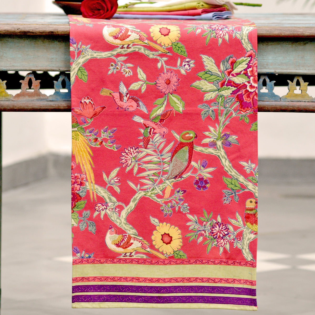 hand block print table runner bird motif coral cotton artisan The Shop India