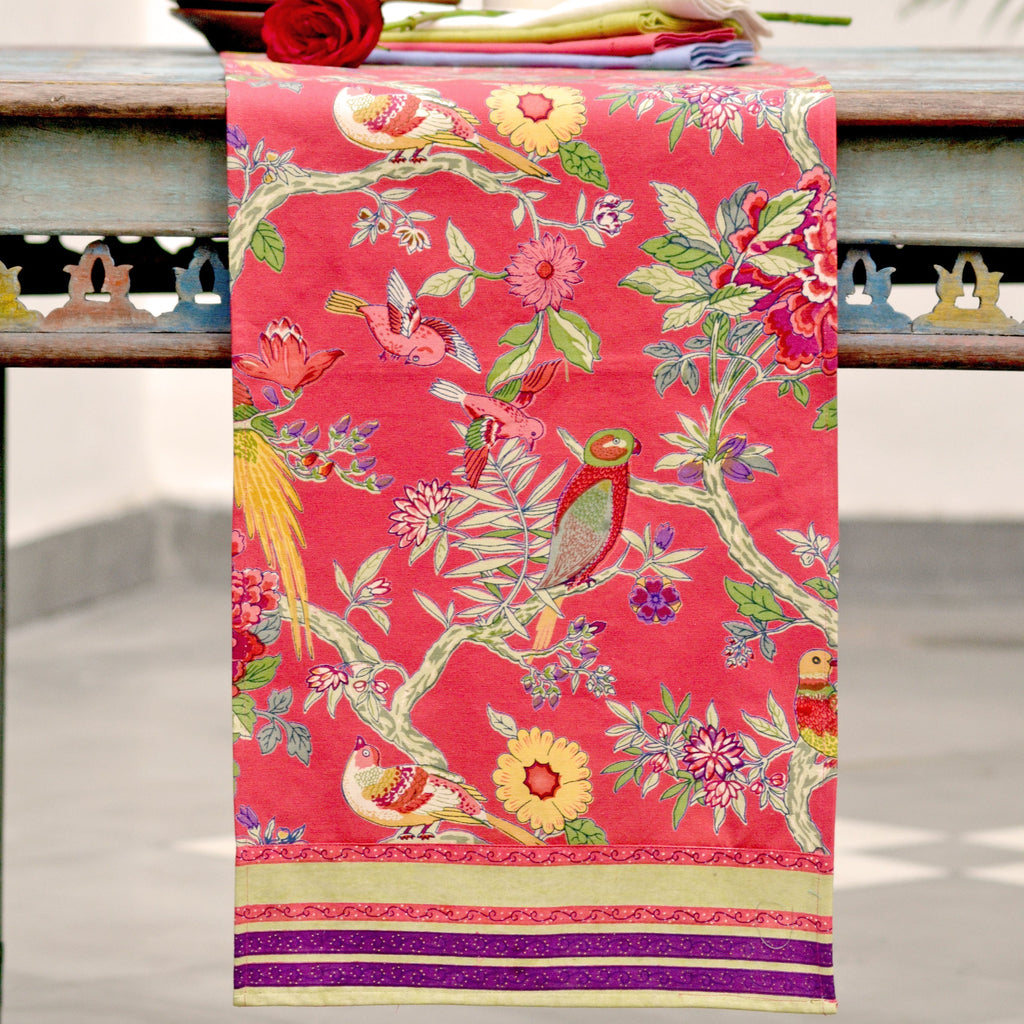 hand block print table runner bird motif coral cotton artisan The Shop India