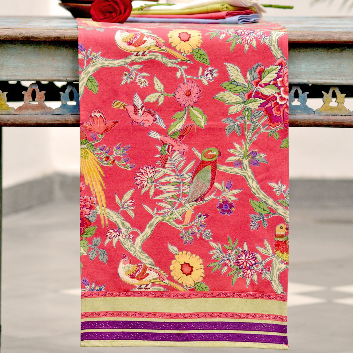 hand block print table runner bird motif coral cotton artisan The Shop India