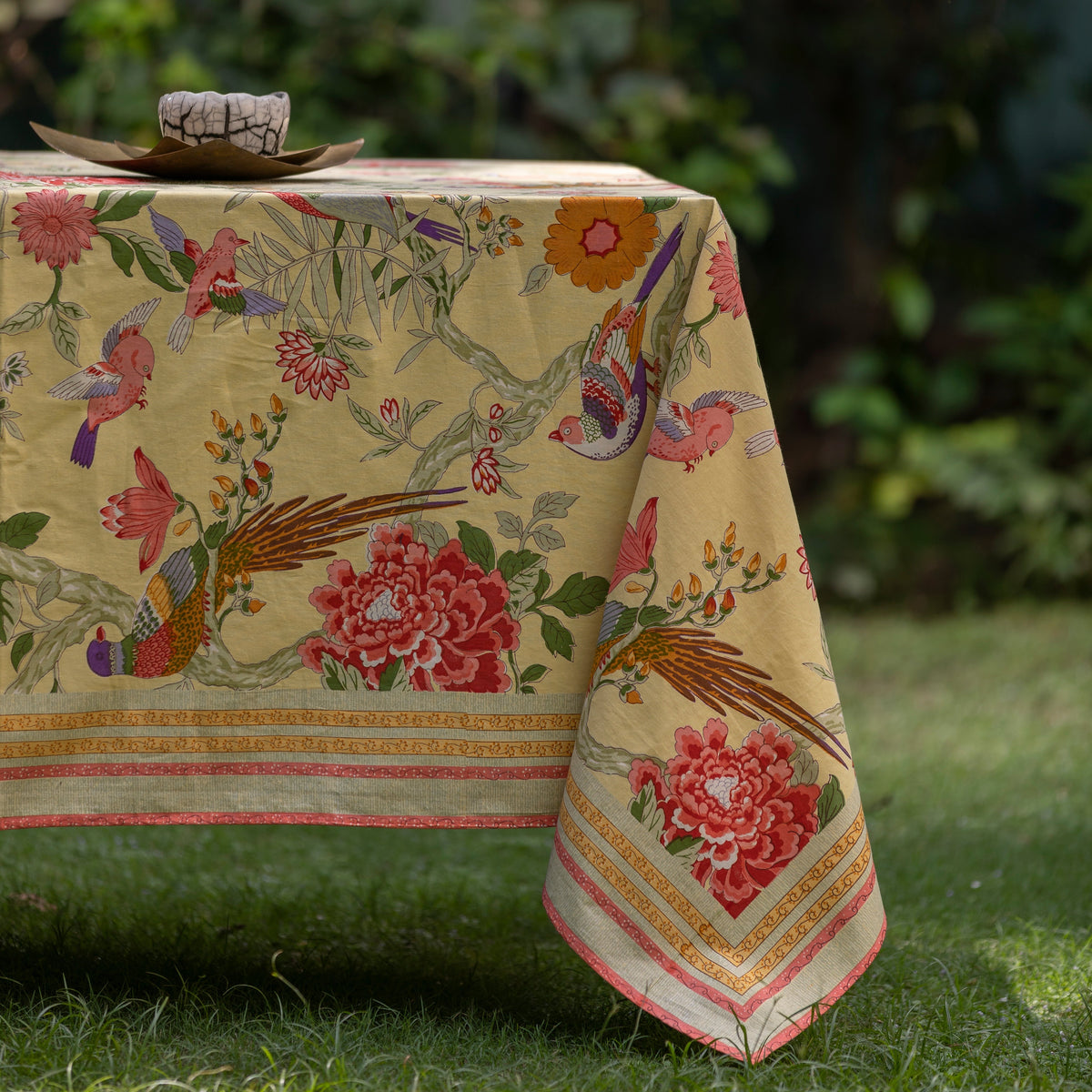 hand block print tablecloth bird motif yellow cotton artisan The Shop India