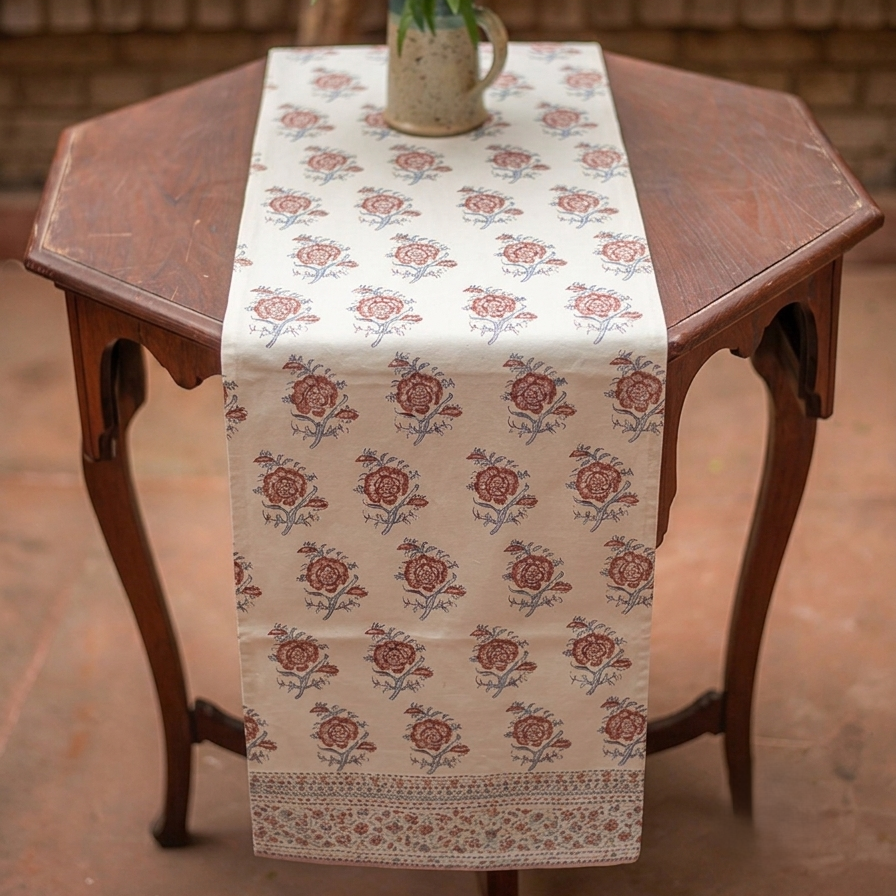 hand block print table runner indian rose canvas artisan The Shop India India