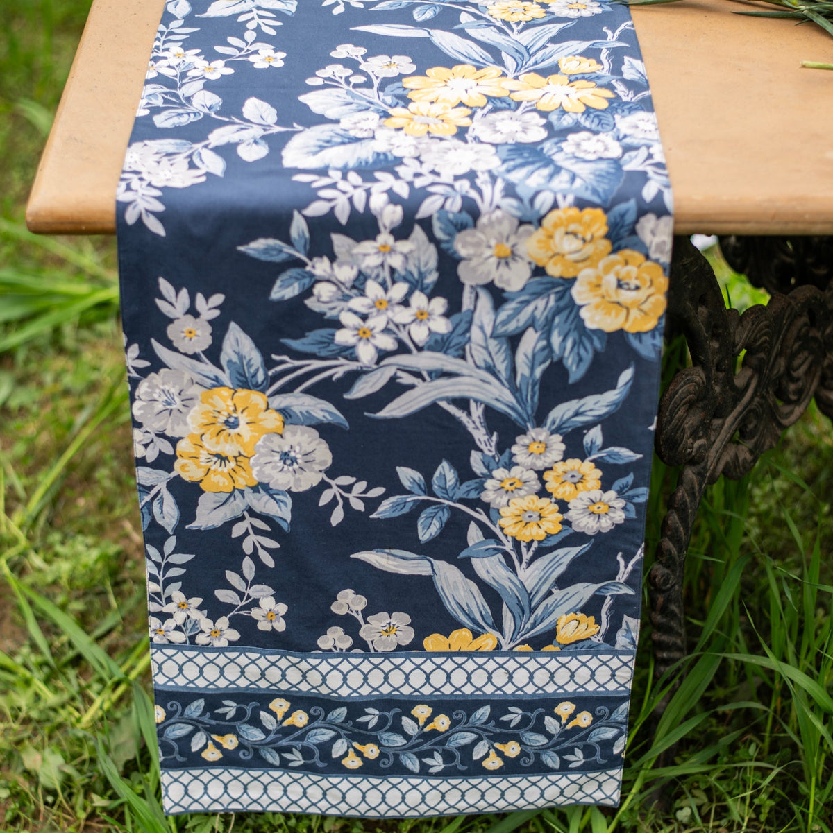 hand block print table runner solid backing palmeros navy cotton artisan The Shop India