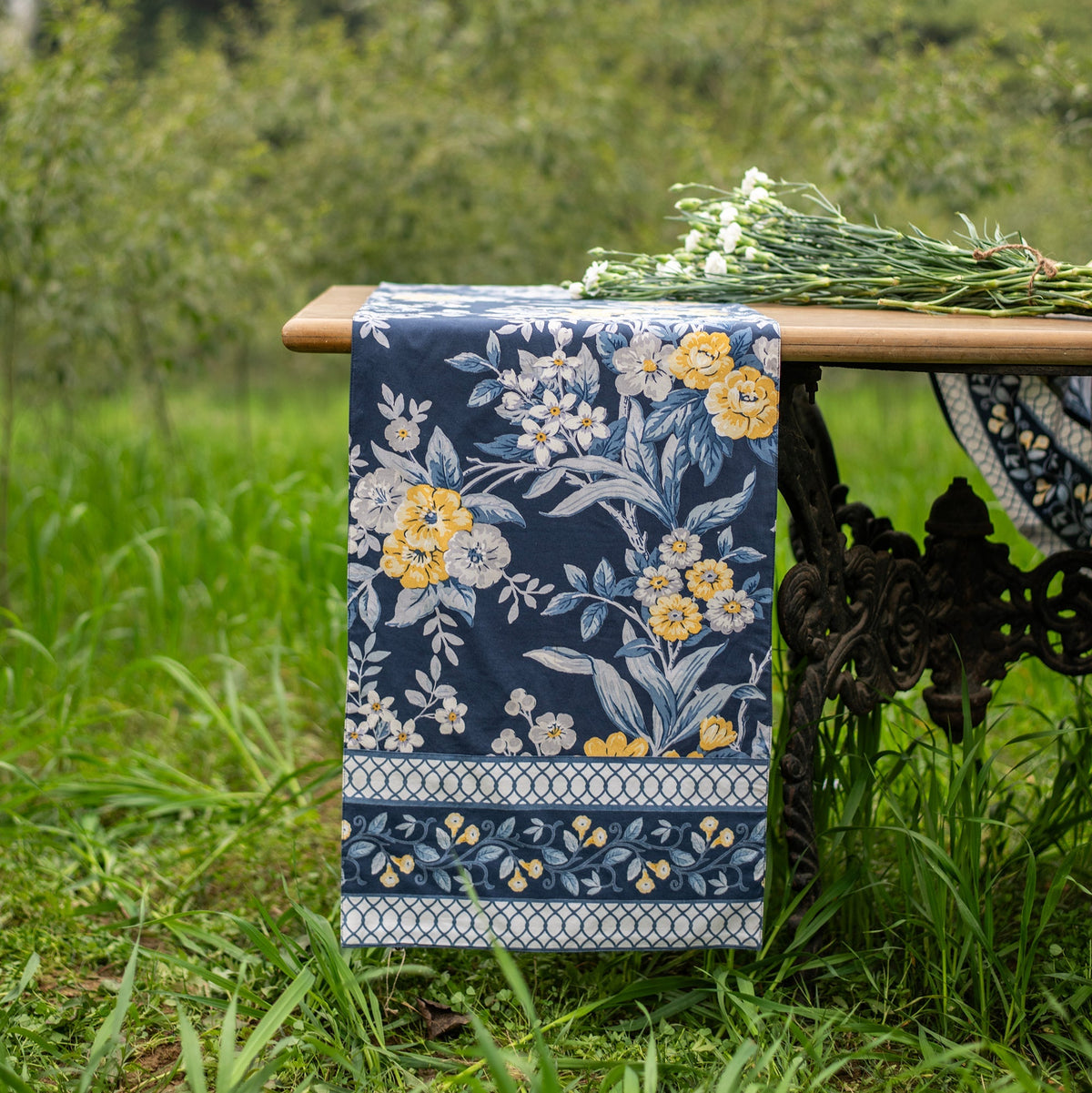 hand block print table runner solid backing palmeros navy cotton artisan The Shop India
