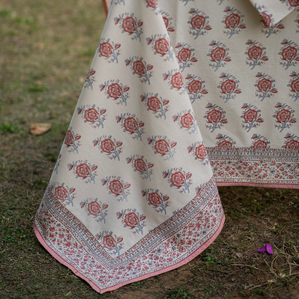 hand block print tablecloth extra border indian rose cotton sheeting artisan The Shop India India