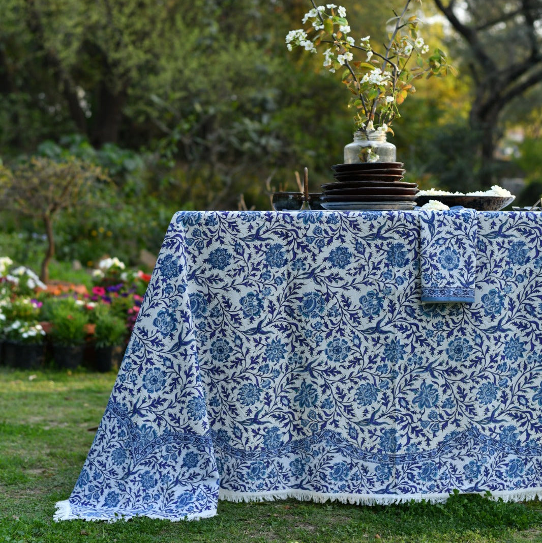 hand block print tablecloth fringes hyderabad navy cotton sheeting artisan The Shop India