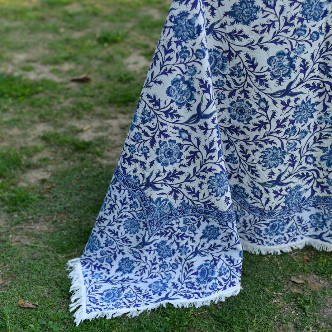 hand block print tablecloth fringes hyderabad navy cotton sheeting artisan The Shop India