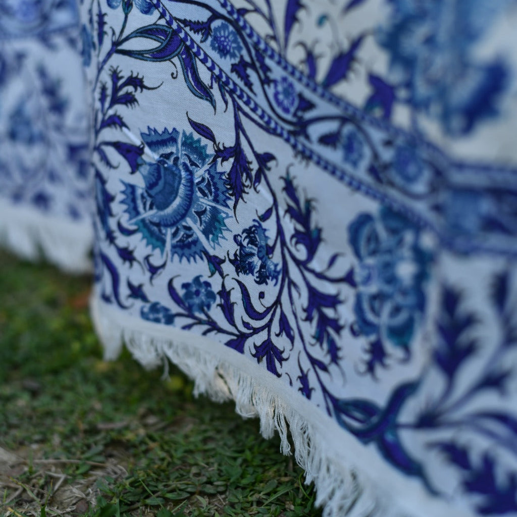 hand block print tablecloth fringes hyderabad navy cotton sheeting artisan The Shop India