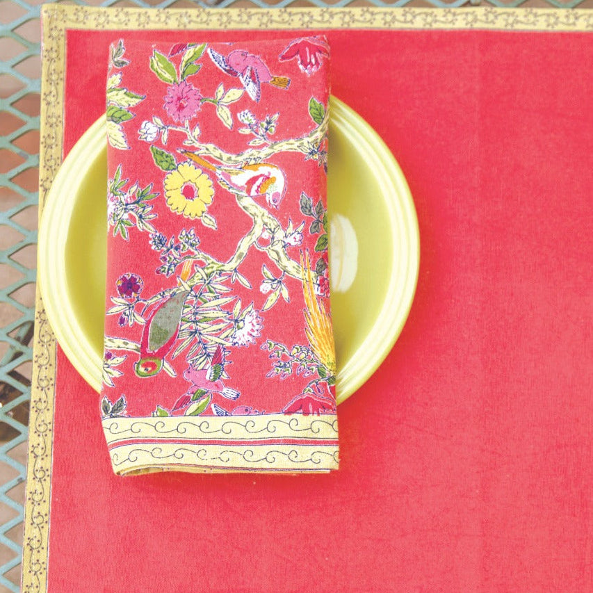 hand block print napkin set 6 bird coral cotton artisan The Shop India