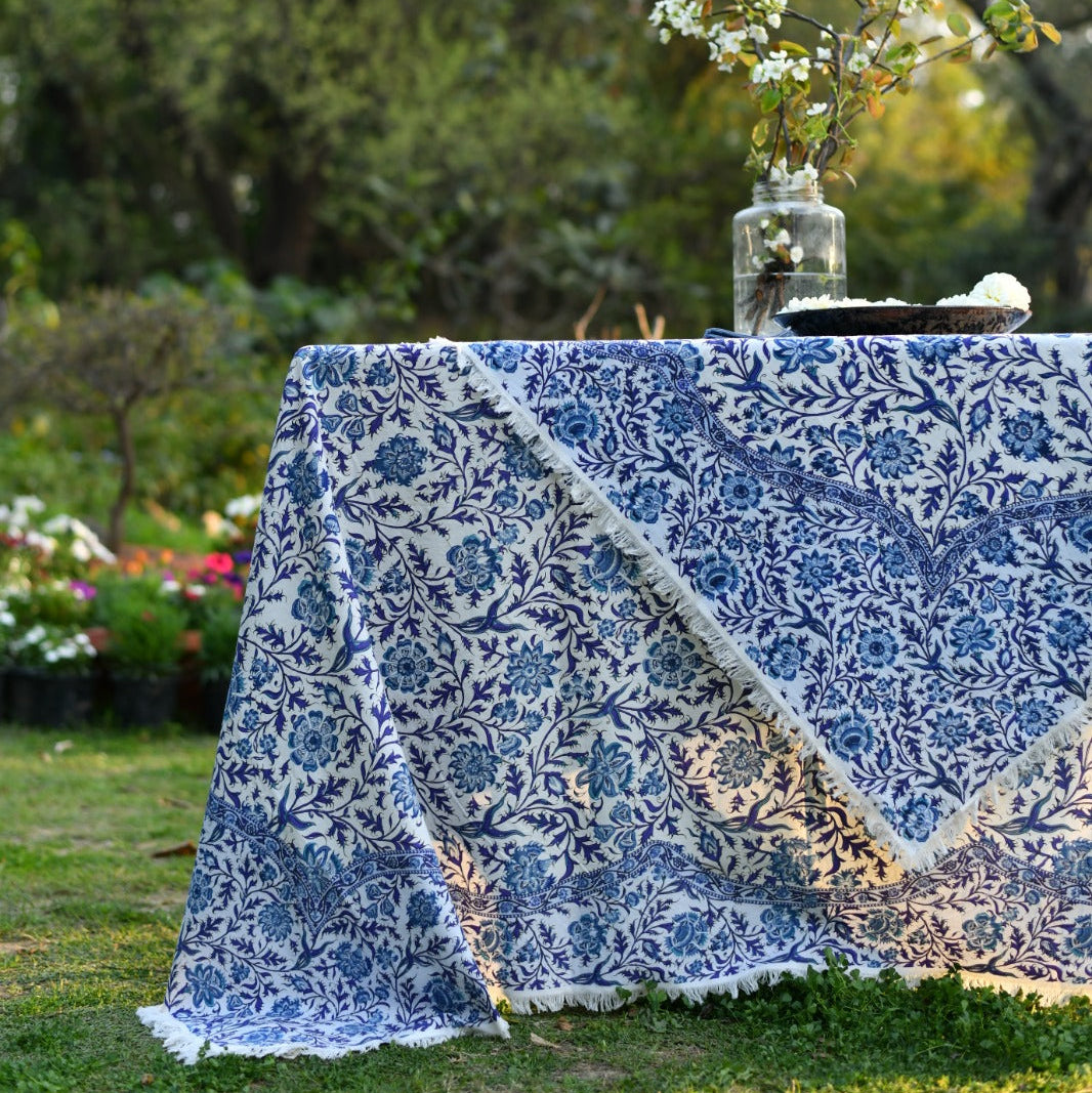 hand block print tablecloth fringes hyderabad navy cotton sheeting artisan The Shop India