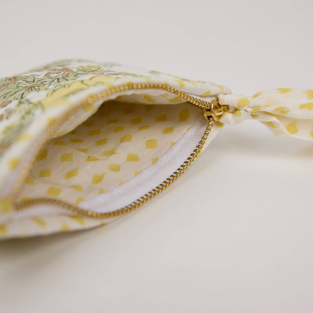 hand block print zipped pouch set organic cotton floral buttercream India Paper Mirchi
