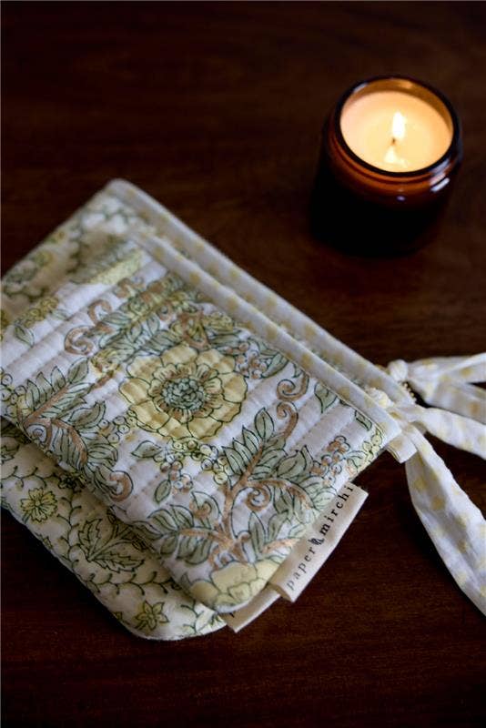 hand block print zipped pouch set organic cotton floral buttercream India Paper Mirchi