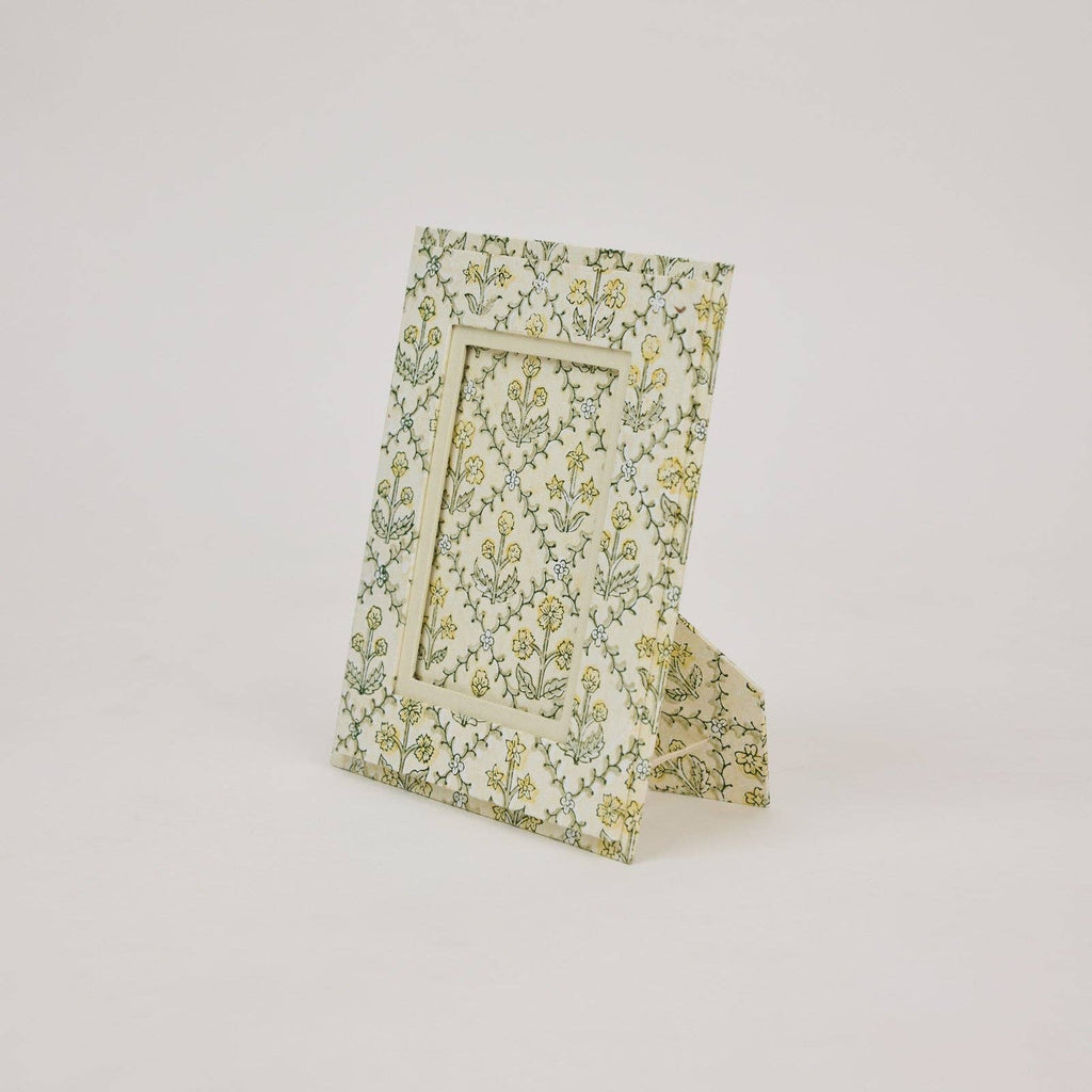 hand block print picture frame 4x6 floral lattice buttercream recycled cotton paper India