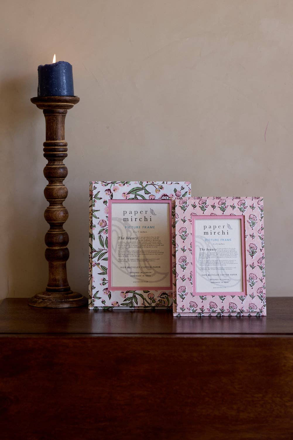 hand block print picture frame 4x6 ditsy floral blush recycled cotton paper India