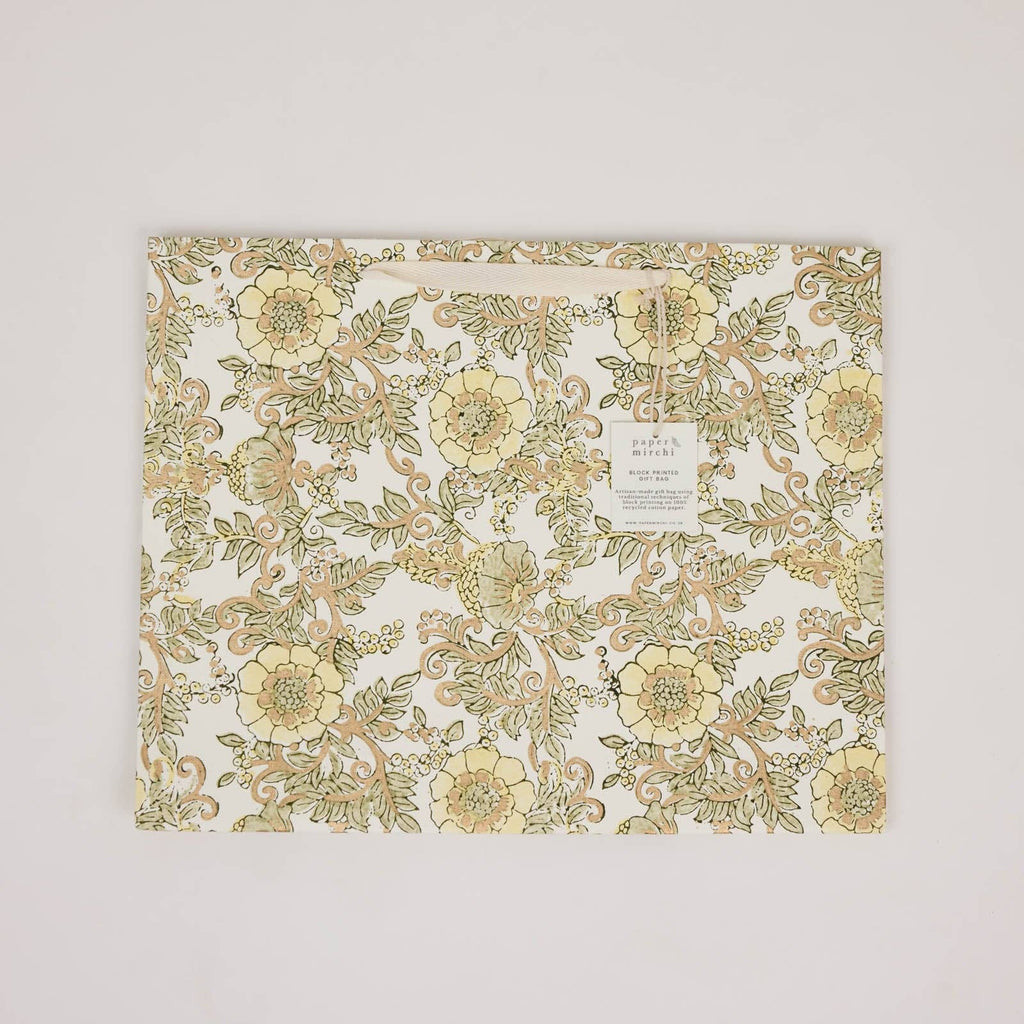 hand block print gift bags large buttercream recycled cotton paper Paper Mirchi India