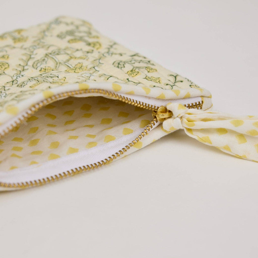 hand block print zipped pouch set organic cotton floral buttercream India Paper Mirchi