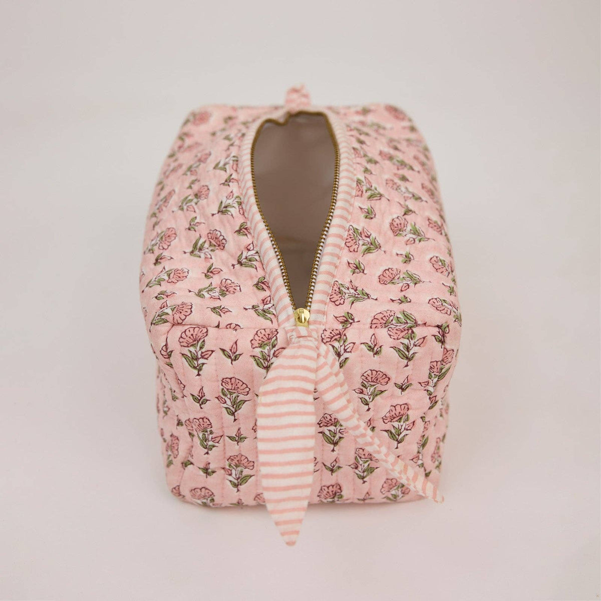 hand block print quilted toiletry bag large ditsy floral blush organic cotton India