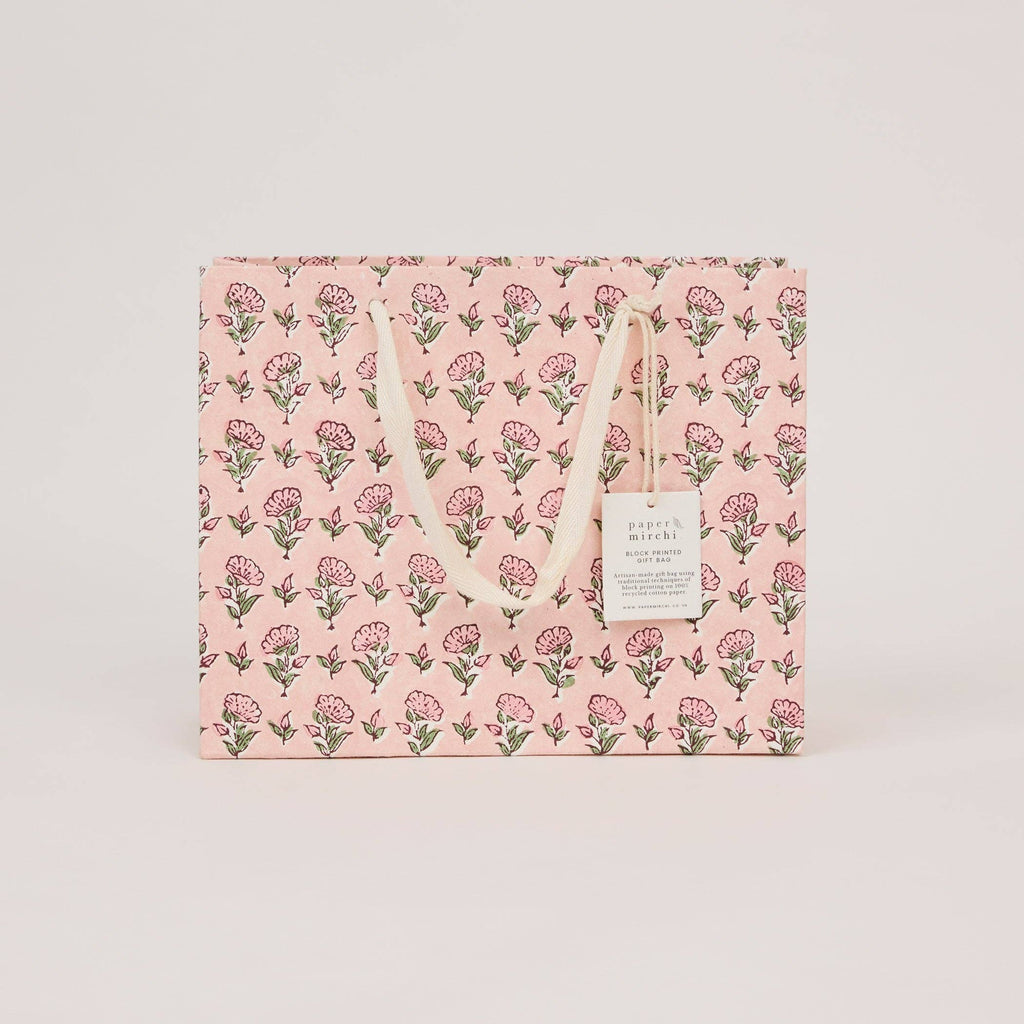 hand block print gift bags medium blush recycled cotton paper Paper Mirchi India