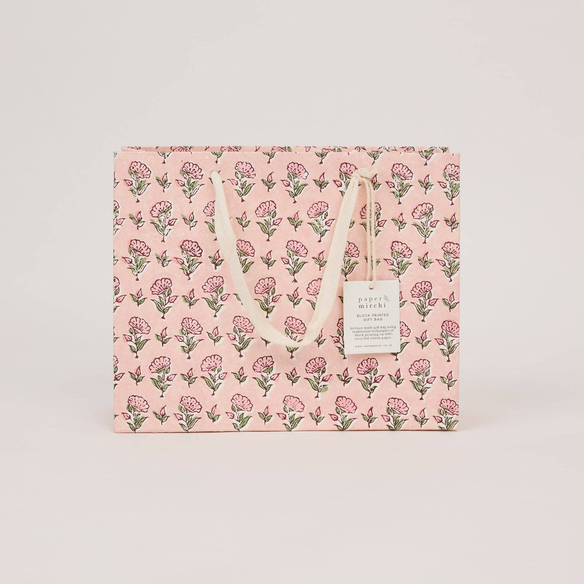 hand block print gift bags medium blush recycled cotton paper Paper Mirchi India