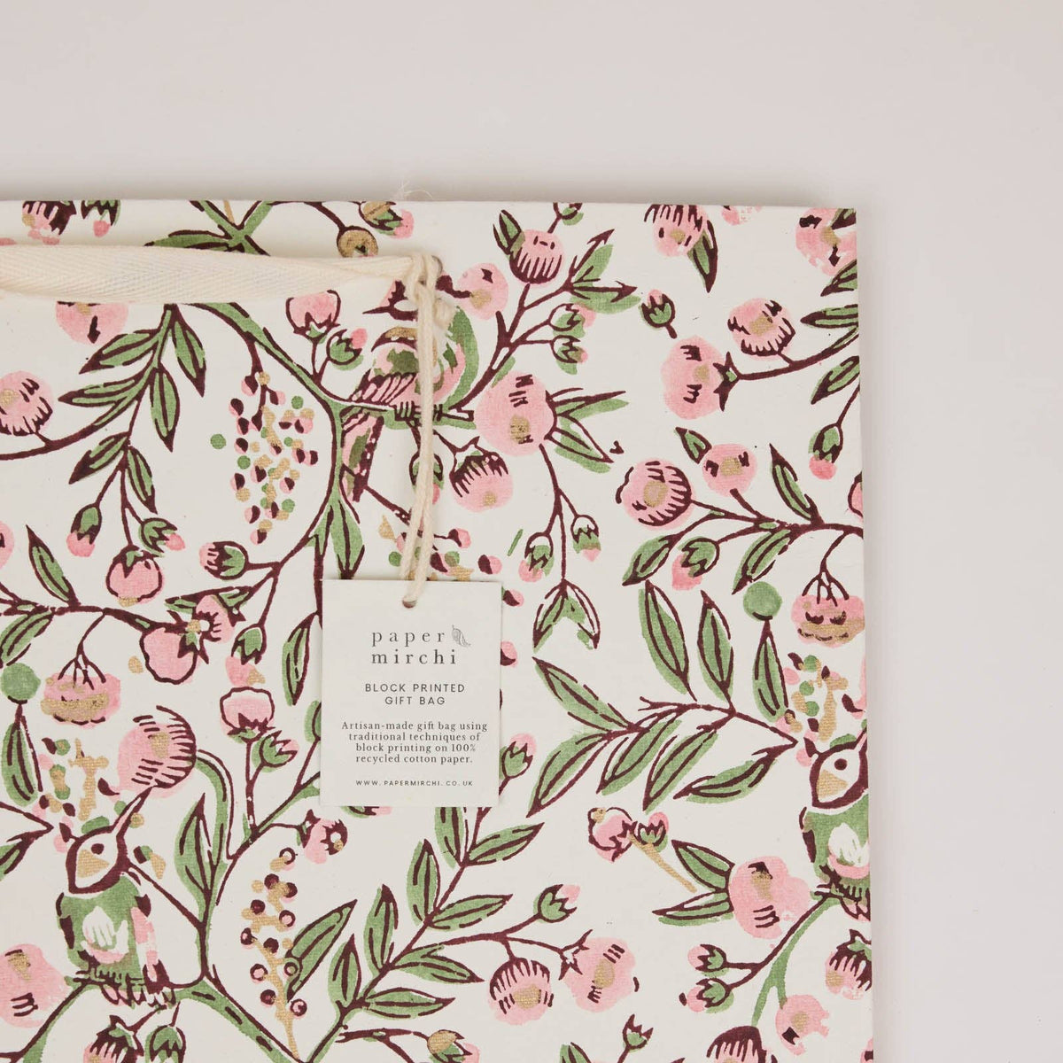 hand block print gift bags medium blush recycled cotton paper Paper Mirchi India