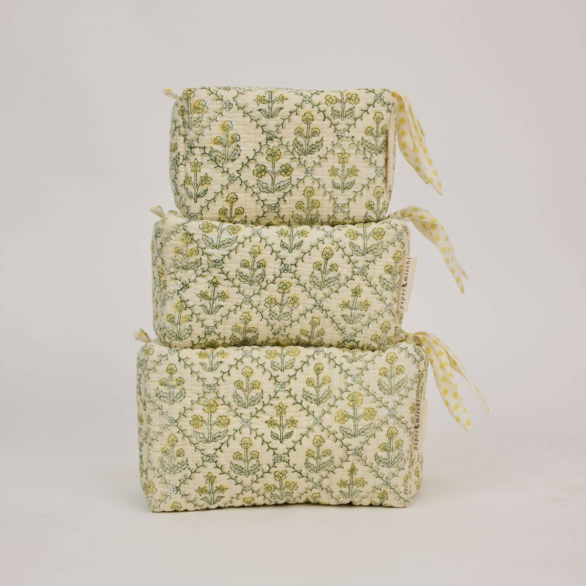 hand block print quilted toiletry bag small floral lattice buttercream organic cotton