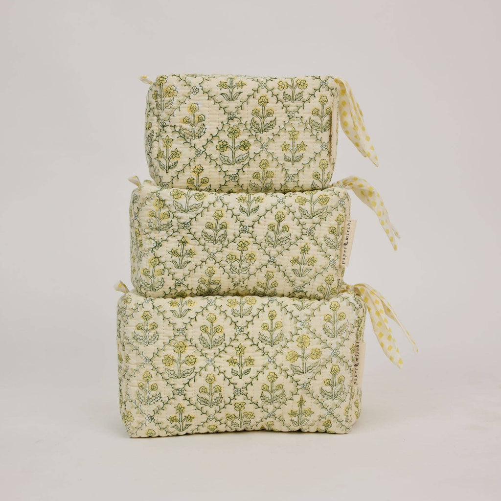 hand block print quilted toiletry bag large floral lattice buttercream organic cotton
