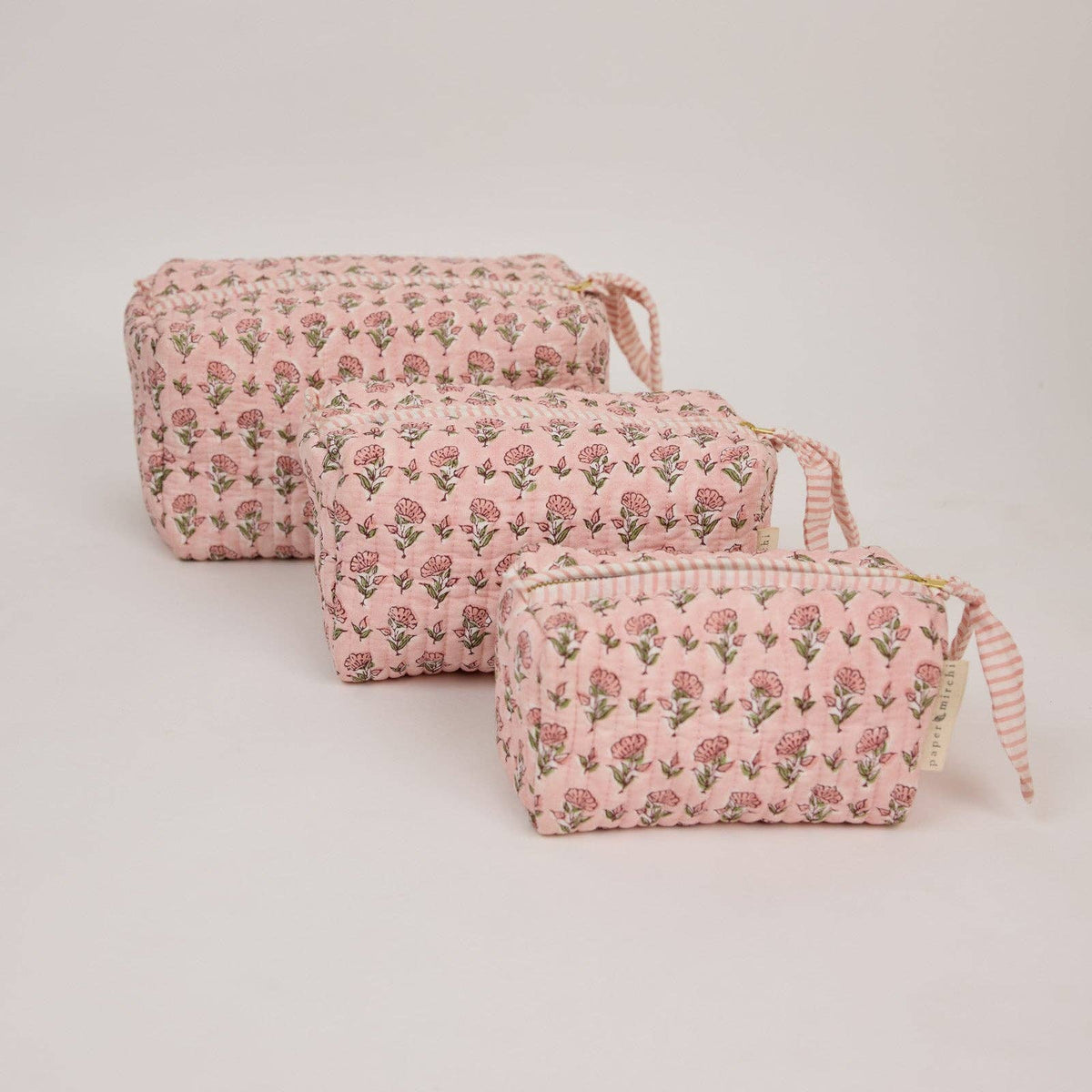 hand block print quilted toiletry bag medium ditsy floral blush organic cotton India