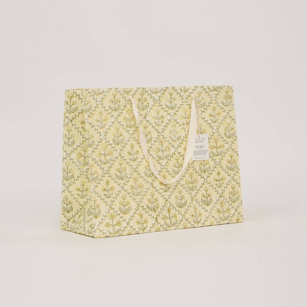 hand block print gift bags large buttercream recycled cotton paper Paper Mirchi India