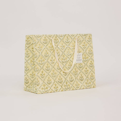 hand block print gift bags large buttercream recycled cotton paper Paper Mirchi India